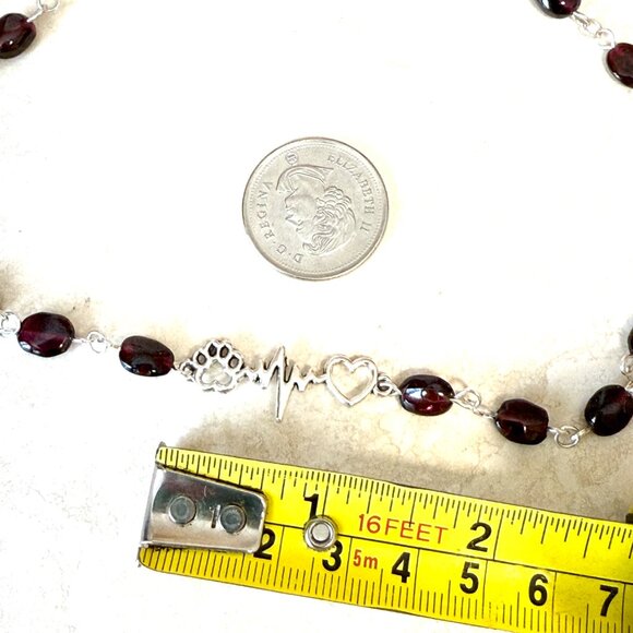 Genuine Garnet Short Necklace, Natural Gemstone w/ Paw Print Heart Beat Pendant - Picture 13 of 15